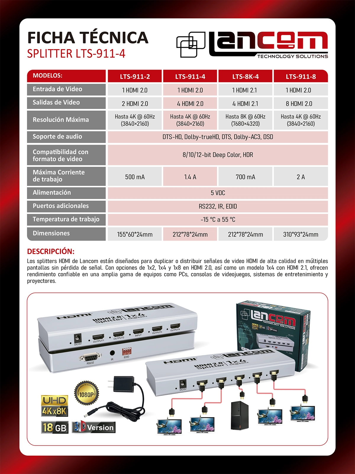 Ficha Técnica del Splitter HDMI 1x4 Lancom 4K@60Hz LTS-911-4, Splitter HDMI 1x4 Lancom LTS-911-4 de metal color negro, mostrando su único puerto de entrada HDMI y sus cuatro puertos de salida HDMI para duplicar la señal, producto de HD Multimedia.
