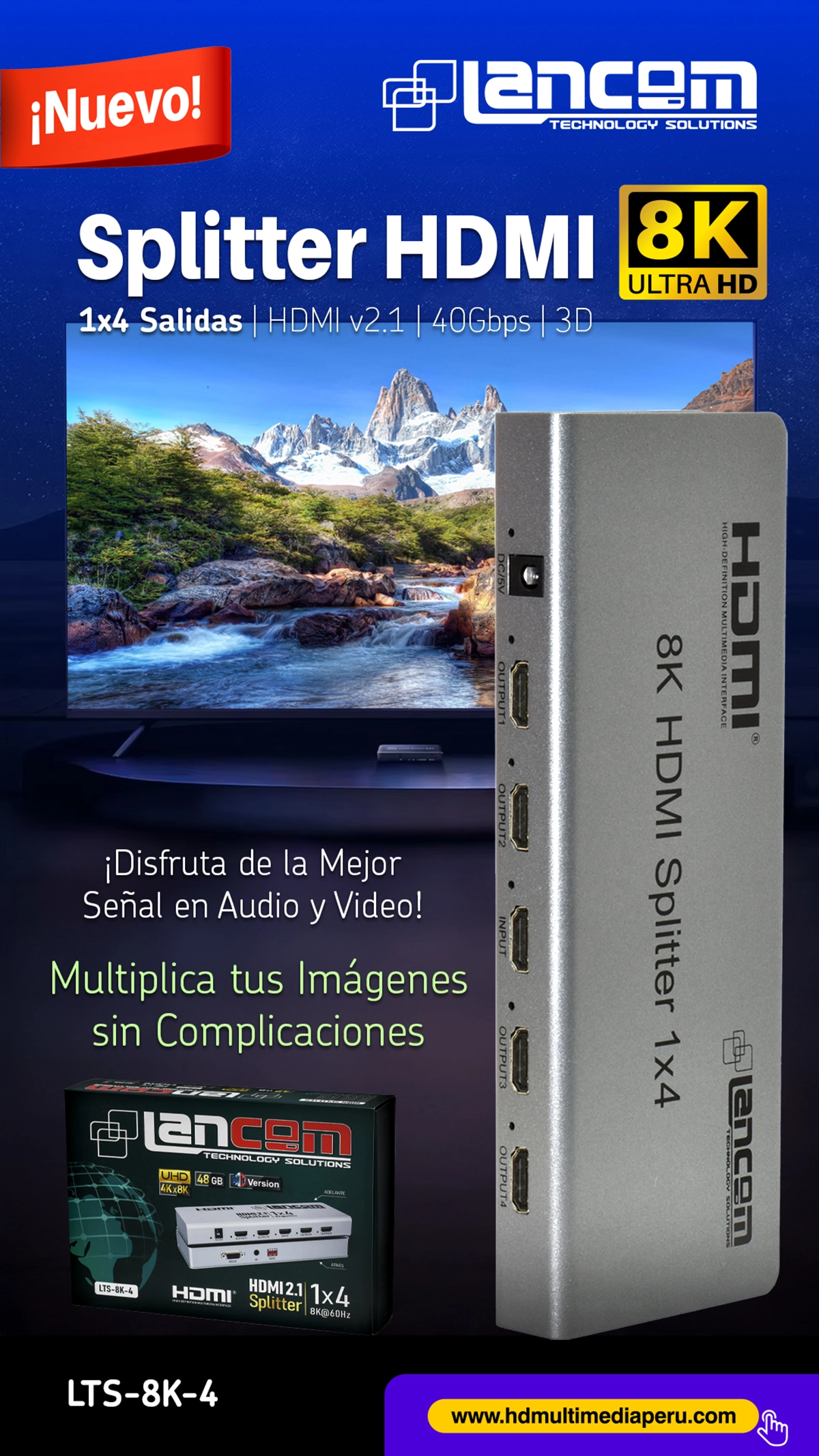 Splitter HDMI 1x4 8K@60Hz Lancom LTS-8K-4: ¡Multiplica tu Señal HDMI a 4 Pantallas con Calidad 8K!, Multiplicador HDMI 8k, Splitter HDMI 8K