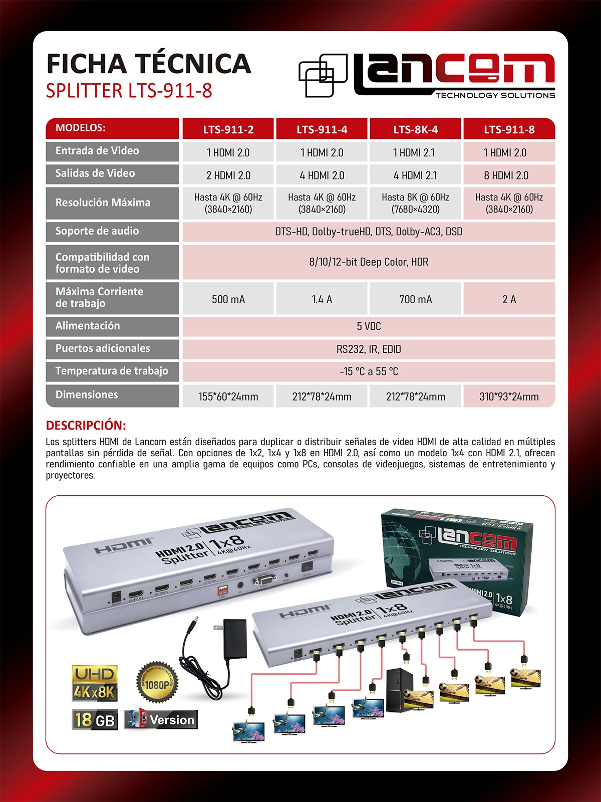 Ficha técnica del Splitter HDMI 1x8 Lancom 4K@60Hz LTS-911-8, Splitter HDMI profesional 1x8 Lancom LTS-911-8 de metal color negro, mostrando su único puerto de entrada HDMI y sus ocho puertos de salida HDMI para una distribución de video masiva, producto de HD Multimedia.