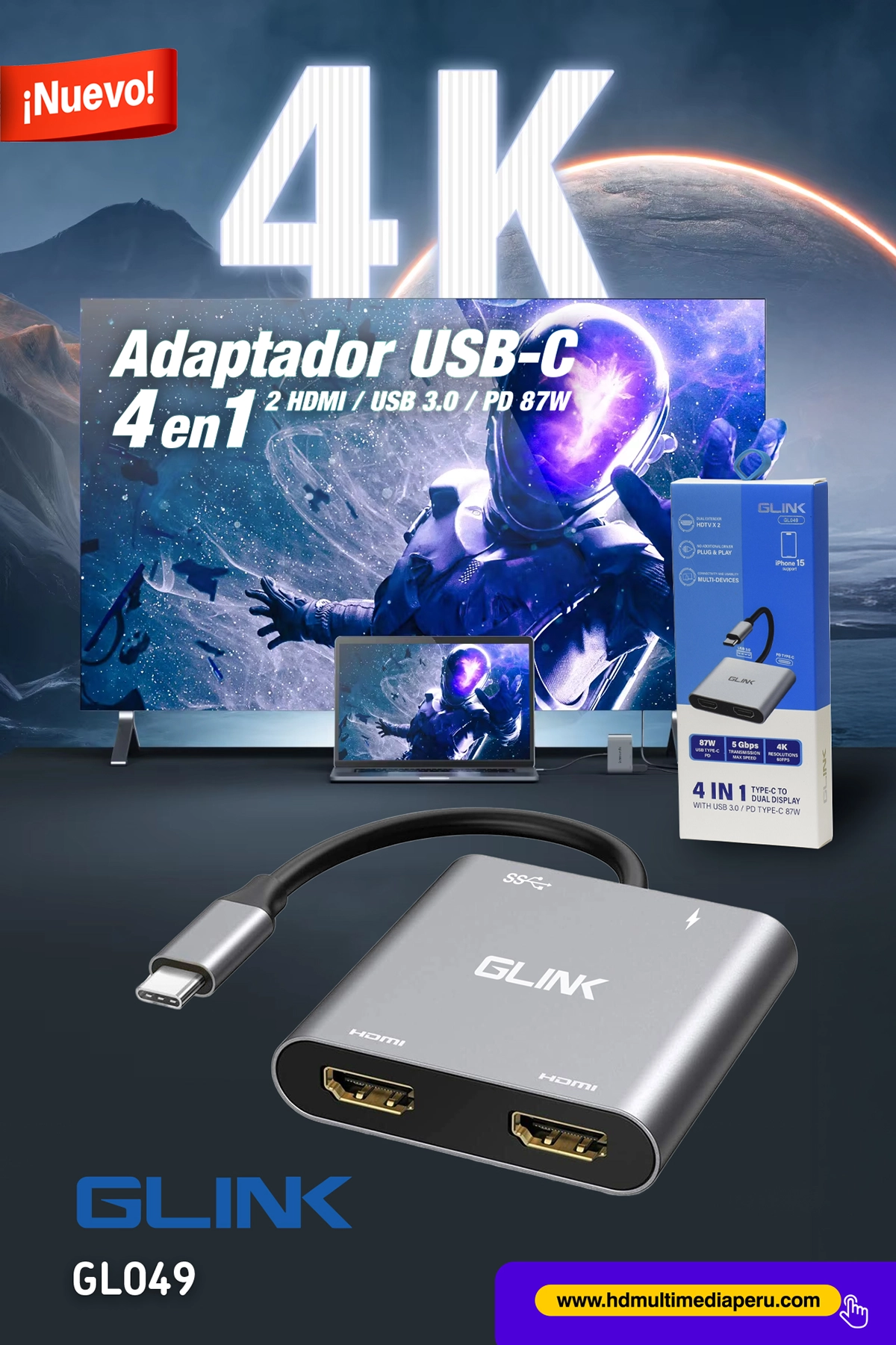 Adaptador USB-C a 2 HDMI 4K@60Hz con USB 3.0 y PD 87W Glink GL049: Expande tu Productividad y Entretenimiento, USB-C 4 en 1, USB tipo c a 2 HDMI