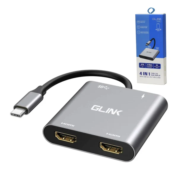 Adaptador USB-C a 2 HDMI 4K@60Hz con USB 3.0 y PD 87W Glink GL049: Expande tu Productividad y Entretenimiento, USB-C 4 en 1, USB tipo c a 2 HDMI