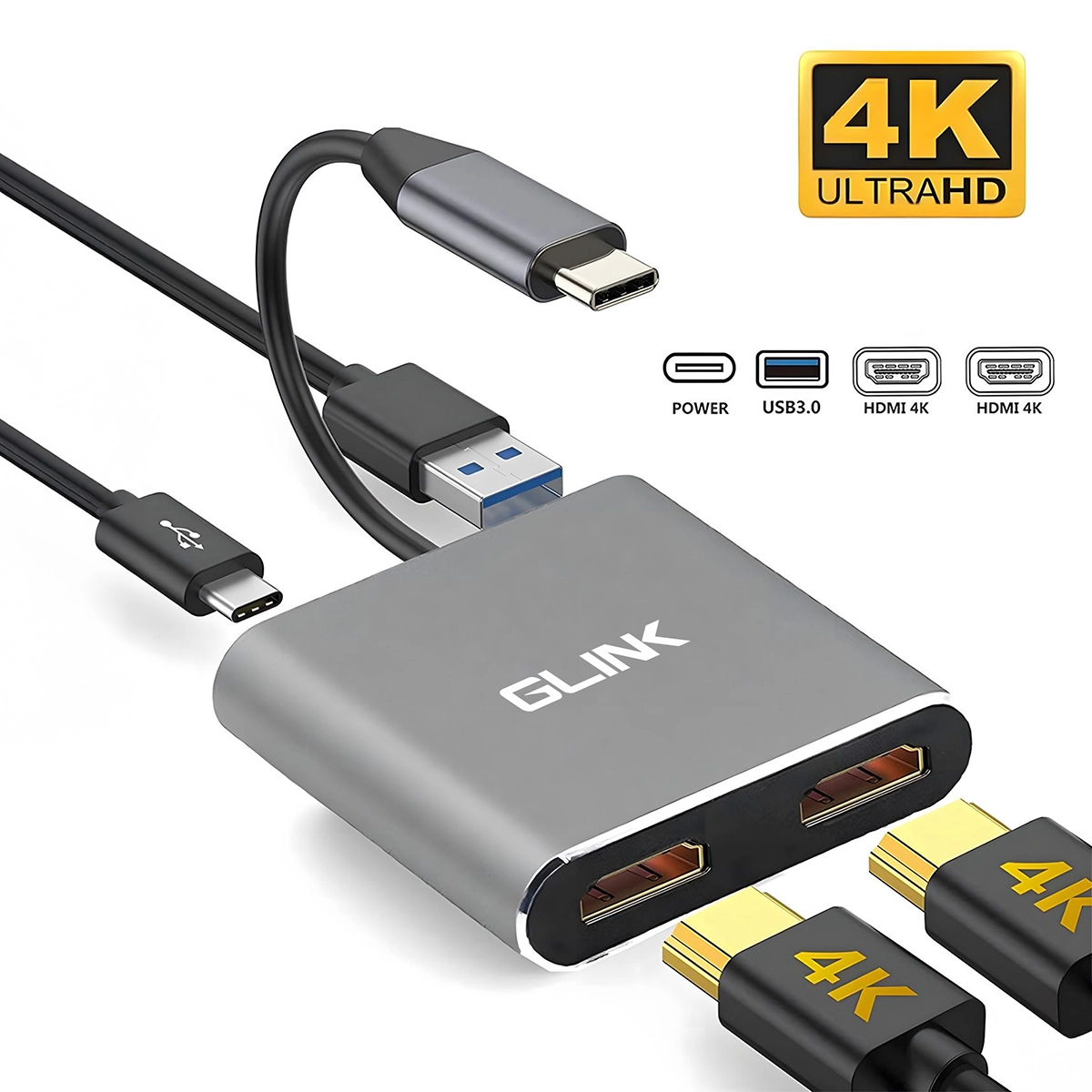 Adaptador USB-C a 2 HDMI 4K@60Hz con USB 3.0 y PD 87W Glink GL049: Expande tu Productividad y Entretenimiento, USB-C 4 en 1, USB tipo c a 2 HDMI