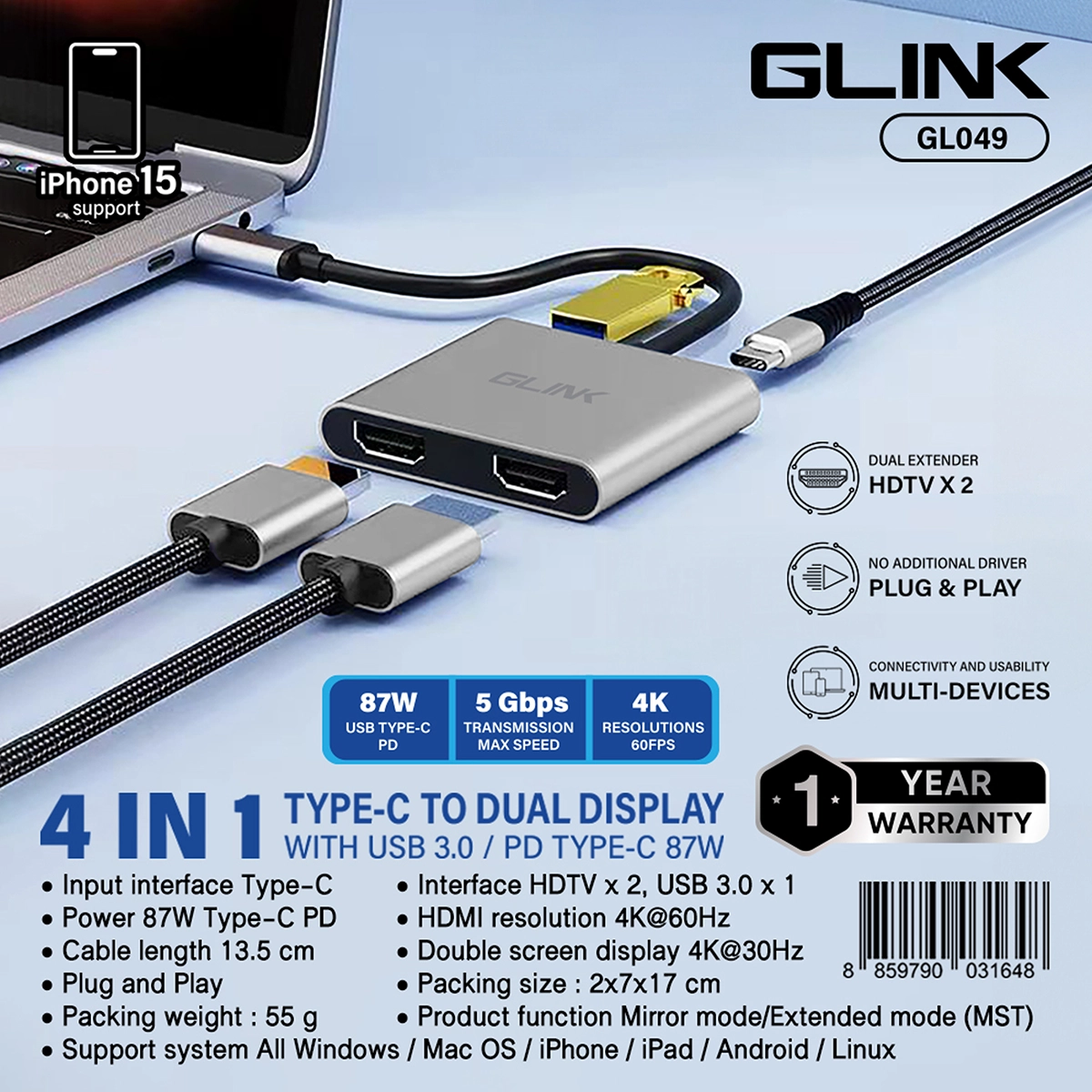 Adaptador USB-C a 2 HDMI 4K@60Hz con USB 3.0 y PD 87W Glink GL049: Expande tu Productividad y Entretenimiento, USB-C 4 en 1, USB tipo c a 2 HDMI