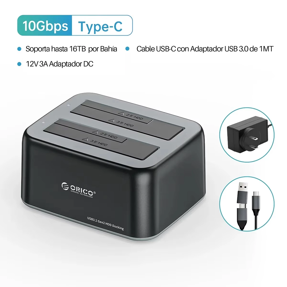 Base para Disco Duro de 2 Puertos USB-C ORICO 6829C3-V1: Acceso Rápido y Seguro a tus Datos