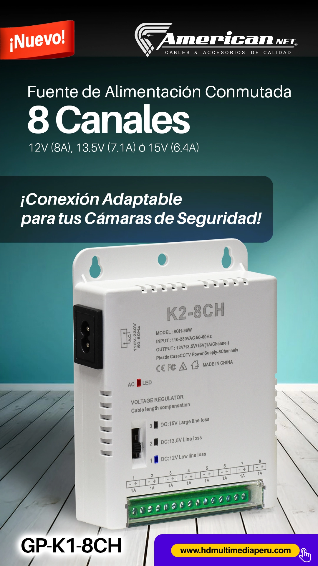 Fuente de Alimentación Conmutada 12V/13.5V/15V 8A (96W) 8 Canales American NET GP-K1-8CH: Energía Multivoltaje para tus Sistemas, Fuente de 8 Canales para Cámara de Seguridad
