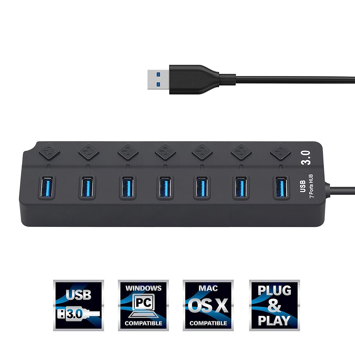 Hub USB 3.0 de 7 Puertos con Interruptores Individuales American NET GP256-7P-3VS: Expande tu Conectividad a Máxima Velocidad, USB HUB 7 Puertos 3.0 Toma Independiente