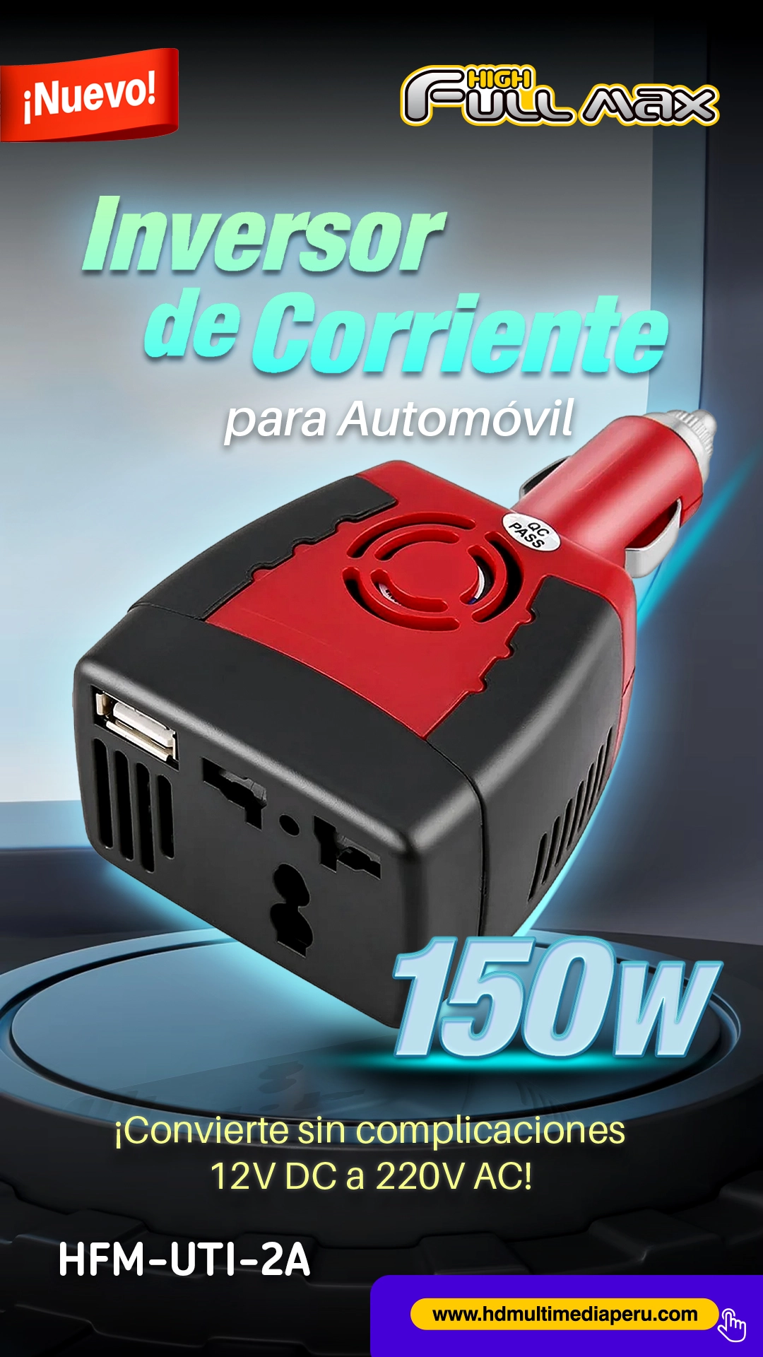 Inversor de Corriente 150W para Auto HFM-UTI-2A: Energía AC y USB en tu Vehículo, Car Inverter 150W, Inversor de Corriente para Auto