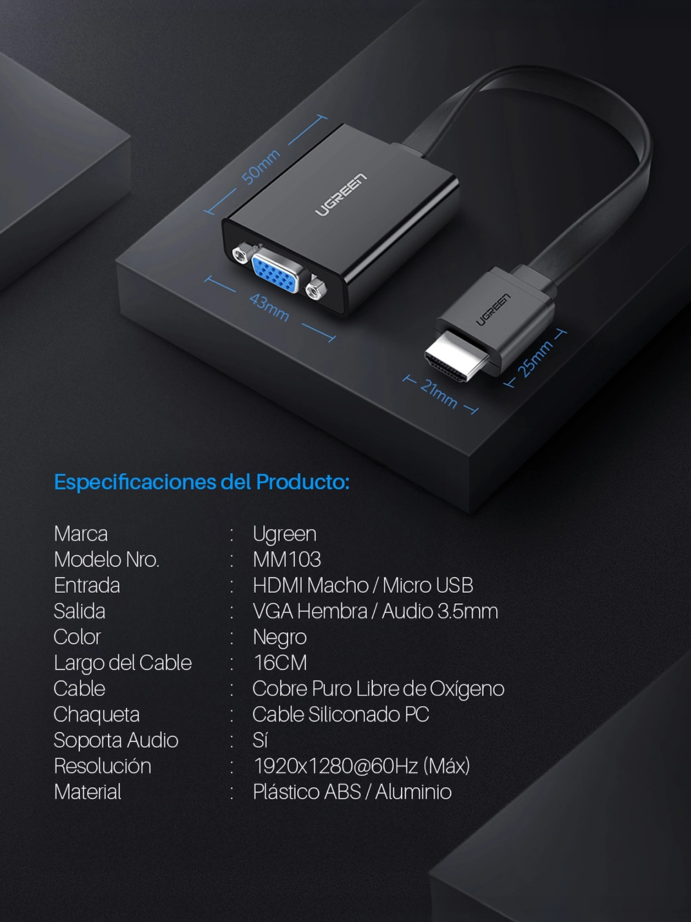 Adaptador HDMI a VGA con Audio Ugreen MM103 (40248): Conecta tus Dispositivos Modernos a Pantallas VGA