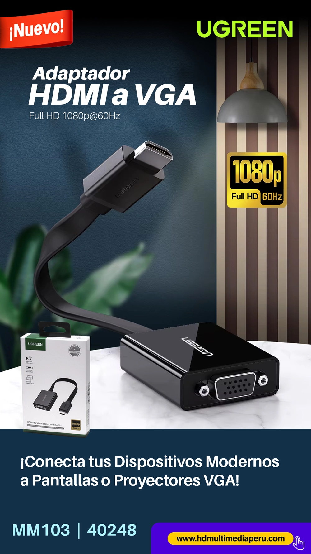 Adaptador HDMI a VGA con Audio Ugreen MM103 (40248): Conecta tus Dispositivos Modernos a Pantallas VGA