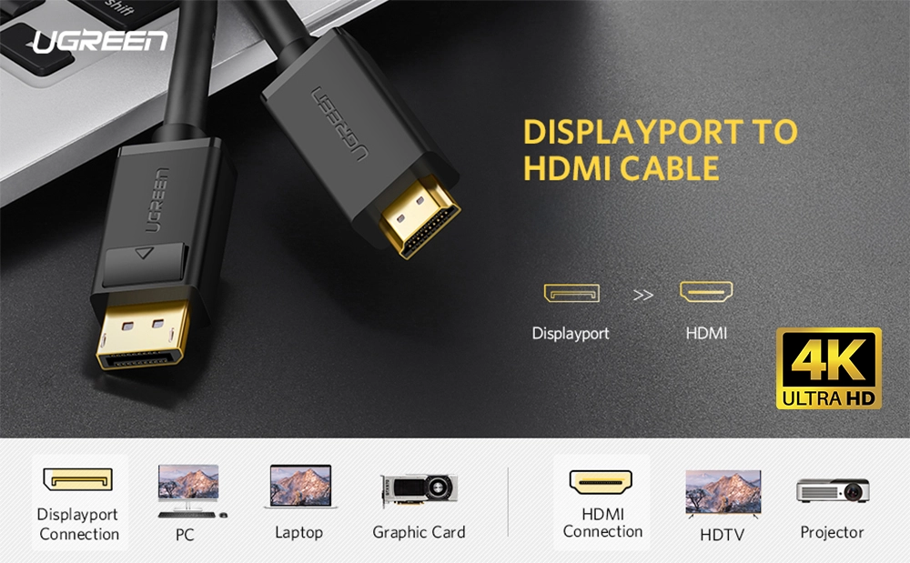 Cable DisplayPort a HDMI 4K 30Hz 2 Metros Ugreen 10202 (DP101): Imagen Nítida y Conexión Confiable
