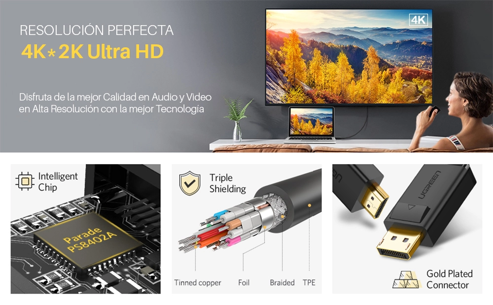 Cable DisplayPort a HDMI 4K 30Hz 2 Metros Ugreen 10202 (DP101): Imagen Nítida y Conexión Confiable