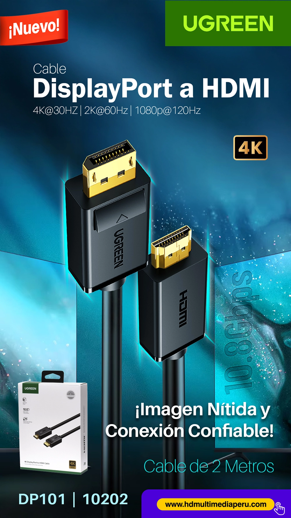 Cable DisplayPort a HDMI 4K 30Hz 2 Metros Ugreen 10202 (DP101): Imagen Nítida y Conexión Confiable