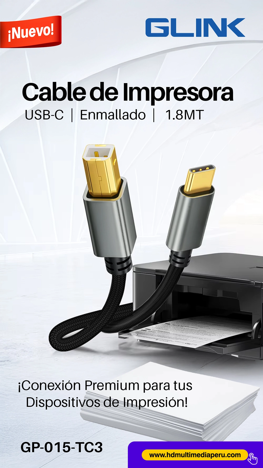 Cable USB-C a Impresora USB-B 1.8m Glink GP-015-TC3: Conexión Premium para tus Dispositivos de Impresión