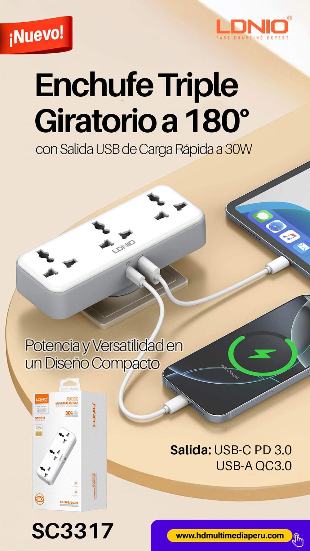 Enchufe Triple con Carga Rápida USB-C PD y QC3.0 LDNIO SC3317: Potencia y Versatilidad en un Diseño Compacto