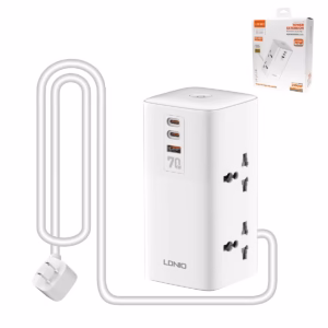 Extensión Eléctrica 70W GaN con 4 Tomas y 3 USB (2 USB-C PD + 1 USB-A QC3.0) LDNIO SC4383: Potencia y Seguridad para tu Hogar u Oficina, Extensión de Corriente con USB
