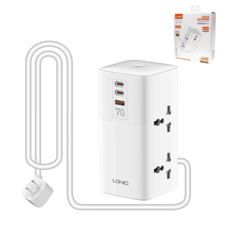 Extensión Eléctrica 70W GaN con 4 Tomas y 3 USB (2 USB-C PD + 1 USB-A QC3.0) LDNIO SC4383: Potencia y Seguridad para tu Hogar u Oficina, Extensión de Corriente con USB