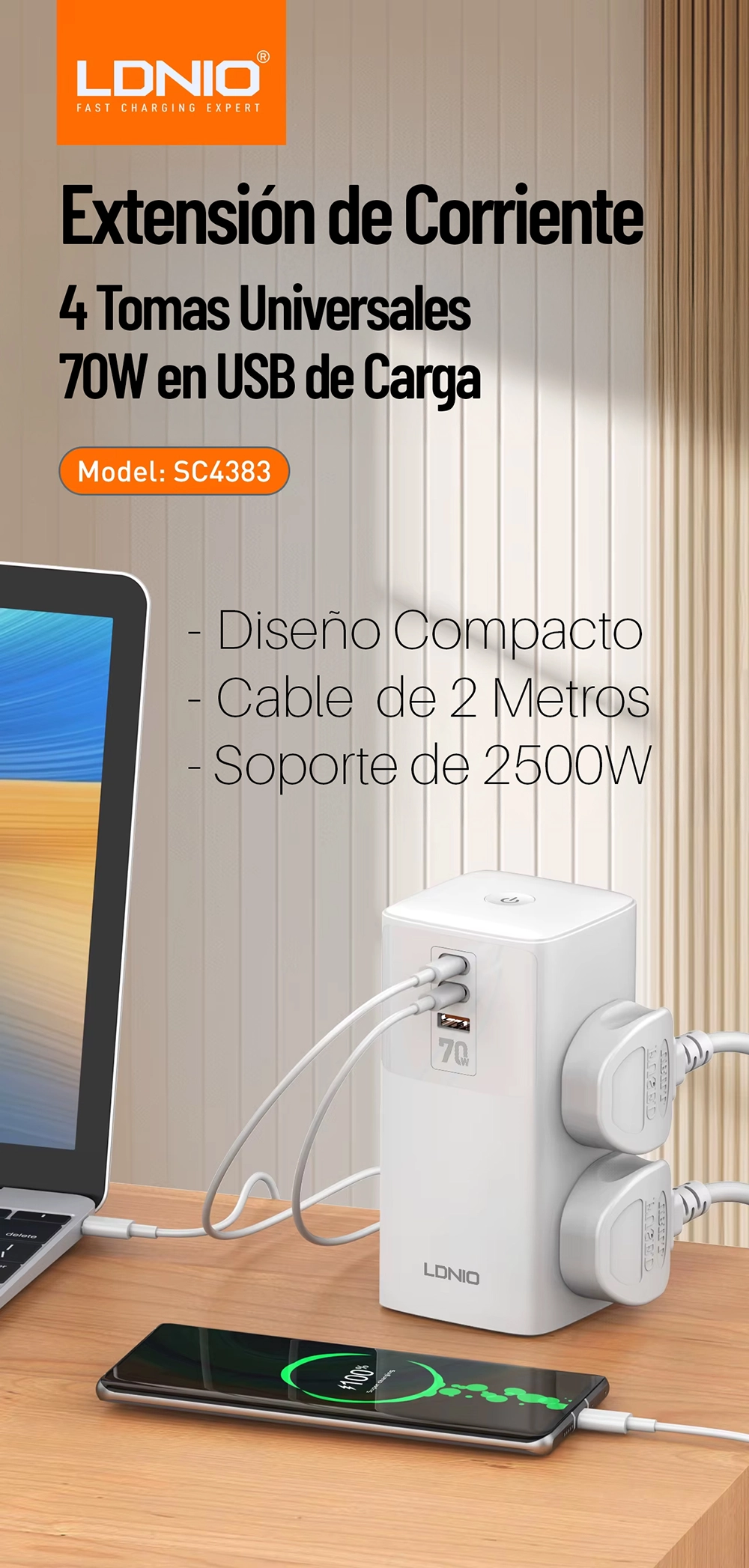 Extensión Eléctrica 70W GaN con 4 Tomas y 3 USB (2 USB-C PD + 1 USB-A QC3.0) LDNIO SC4383: Potencia y Seguridad para tu Hogar u Oficina, Extensión de Corriente con USB