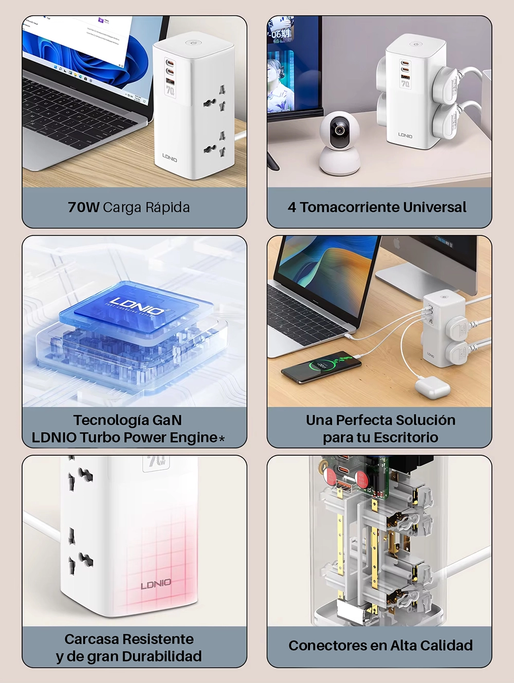 Extensión Eléctrica 70W GaN con 4 Tomas y 3 USB (2 USB-C PD + 1 USB-A QC3.0) LDNIO SC4383: Potencia y Seguridad para tu Hogar u Oficina, Extensión de Corriente con USB