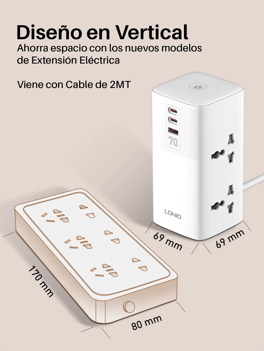 Extensión Eléctrica 70W GaN con 4 Tomas y 3 USB (2 USB-C PD + 1 USB-A QC3.0) LDNIO SC4383: Potencia y Seguridad para tu Hogar u Oficina, Extensión de Corriente con USB