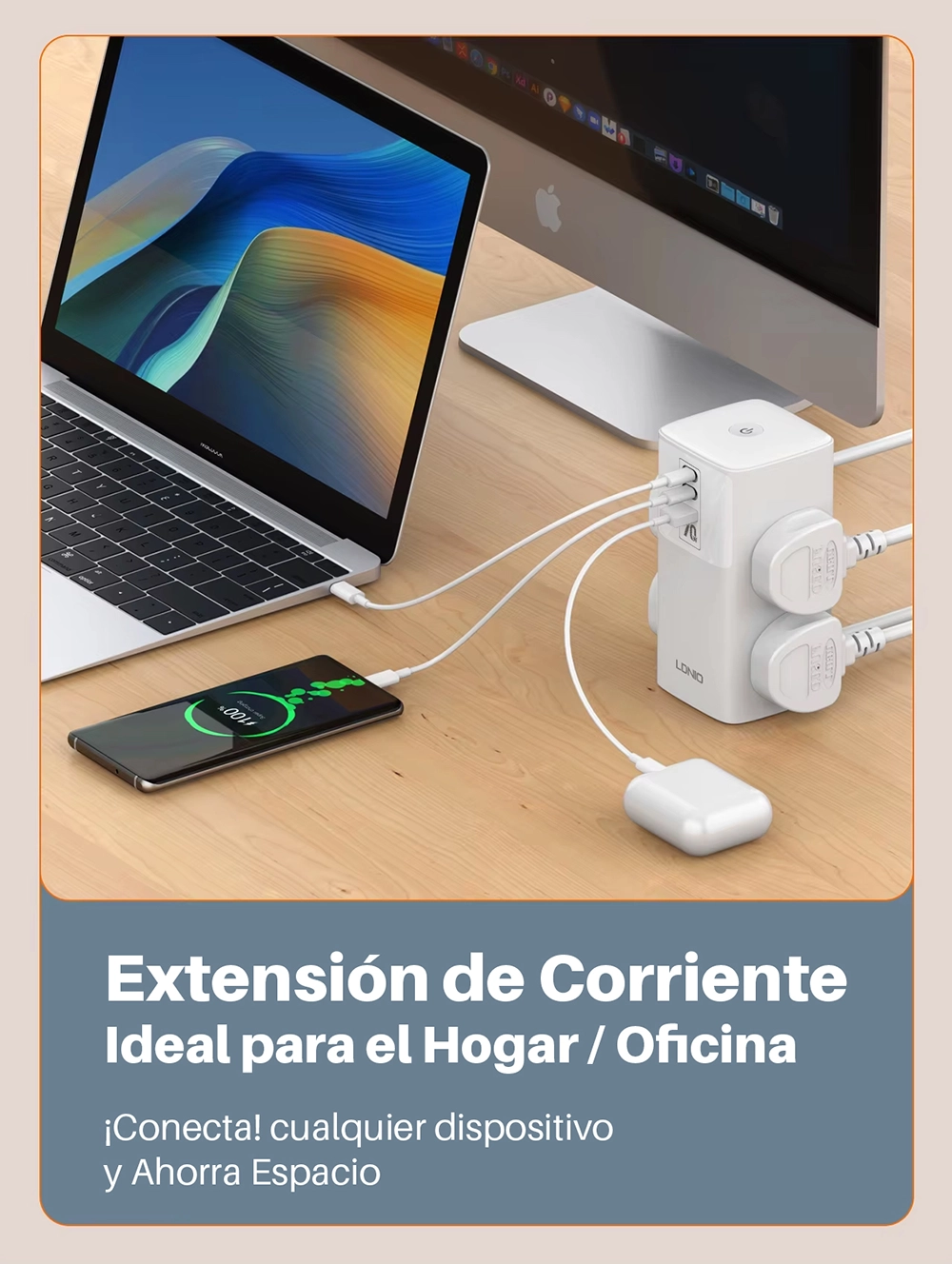 Extensión Eléctrica 70W GaN con 4 Tomas y 3 USB (2 USB-C PD + 1 USB-A QC3.0) LDNIO SC4383: Potencia y Seguridad para tu Hogar u Oficina, Extensión de Corriente con USB