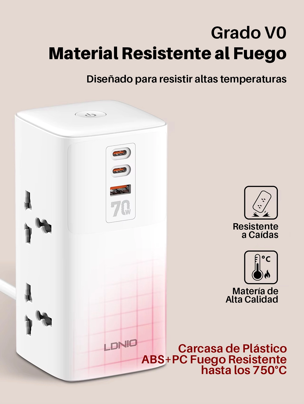 Extensión Eléctrica 70W GaN con 4 Tomas y 3 USB (2 USB-C PD + 1 USB-A QC3.0) LDNIO SC4383: Potencia y Seguridad para tu Hogar u Oficina, Extensión de Corriente con USB