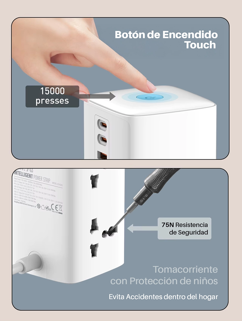 Extensión Eléctrica 70W GaN con 4 Tomas y 3 USB (2 USB-C PD + 1 USB-A QC3.0) LDNIO SC4383: Potencia y Seguridad para tu Hogar u Oficina, Extensión de Corriente con USB