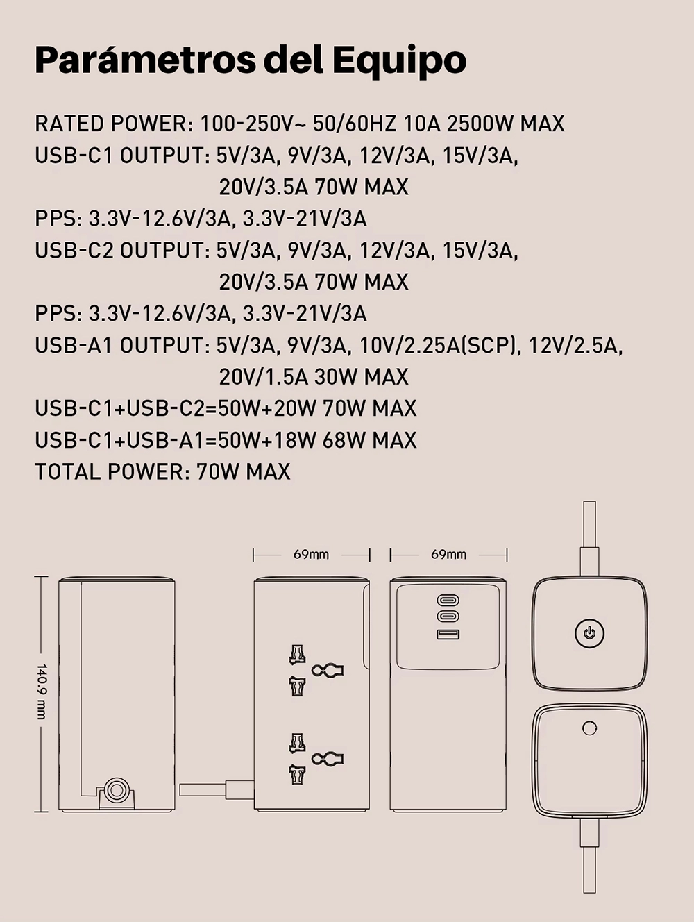 Extensión Eléctrica 70W GaN con 4 Tomas y 3 USB (2 USB-C PD + 1 USB-A QC3.0) LDNIO SC4383: Potencia y Seguridad para tu Hogar u Oficina, Extensión de Corriente con USB