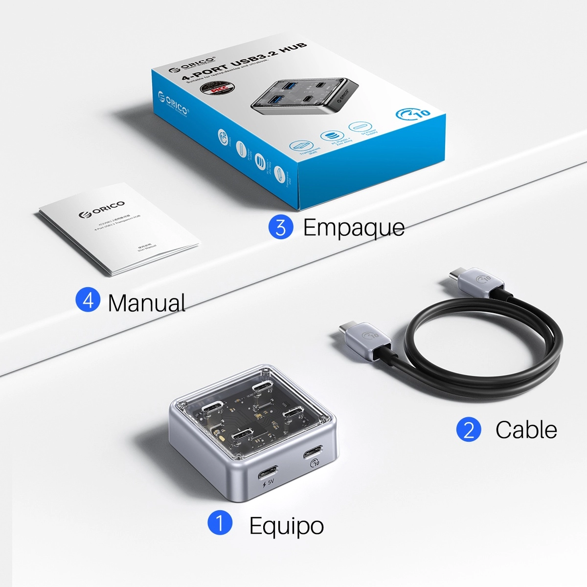 HUB USB-C de 4 Puertos USB 3.2 Gen2 10Gbps ORICO XHJ4C-G2: Expansión Ultrarrápida y Potente