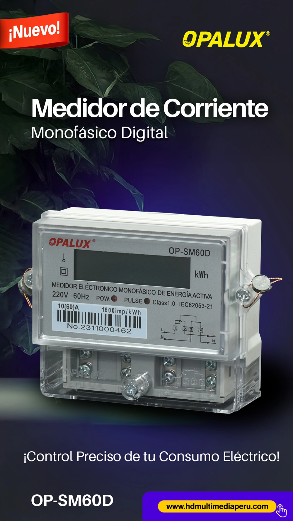 Medidor de Corriente Monofásico Digital Opalux OP-SM60D: Control Preciso de tu Consumo Eléctrico