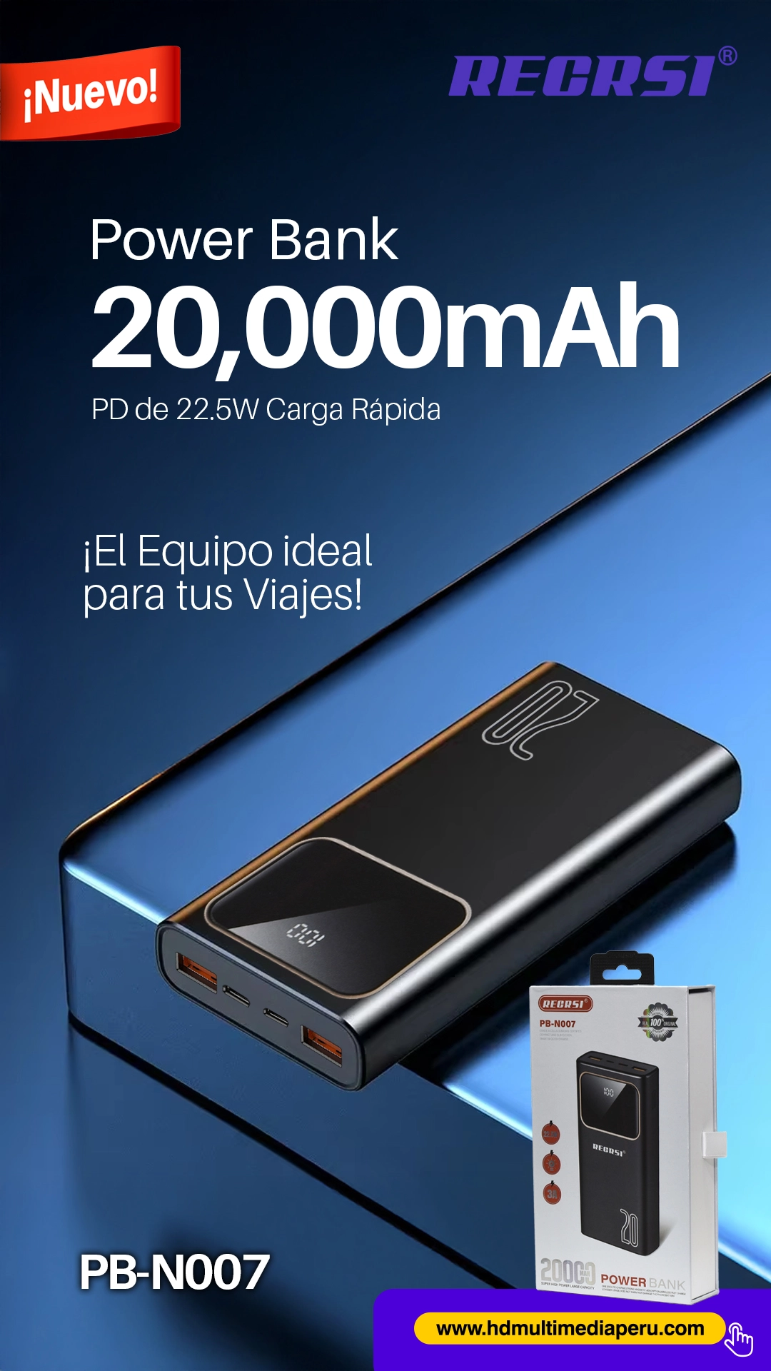 Power Bank 20000mAh RECRSI PB-N007: Carga Rápida y Potente en un Diseño Compacto