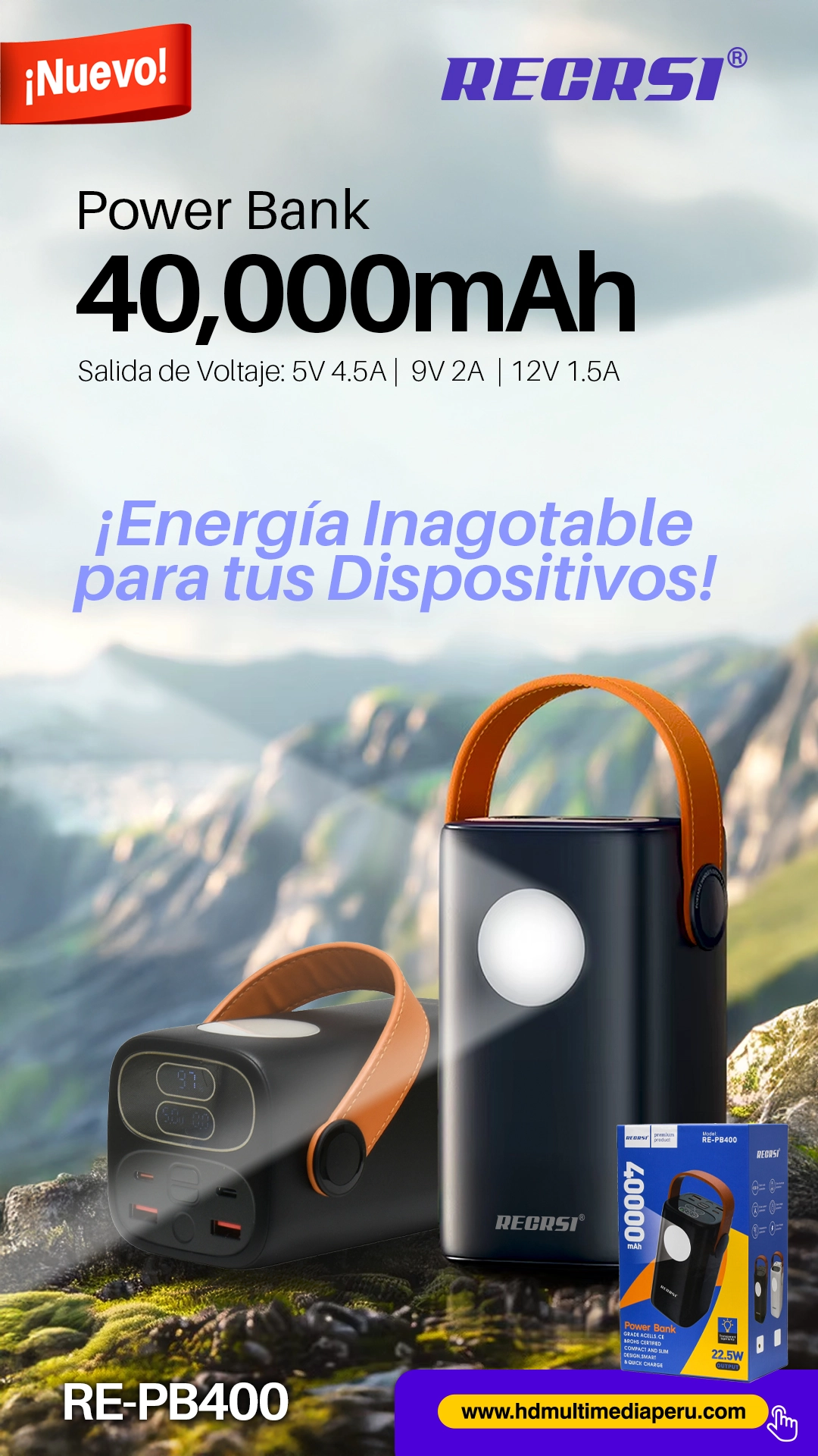 Power Bank 40000mAh RECRSI RE-PB400: Energía Inagotable para tus Dispositivos, Cargador Portátil para Celular, Tableta