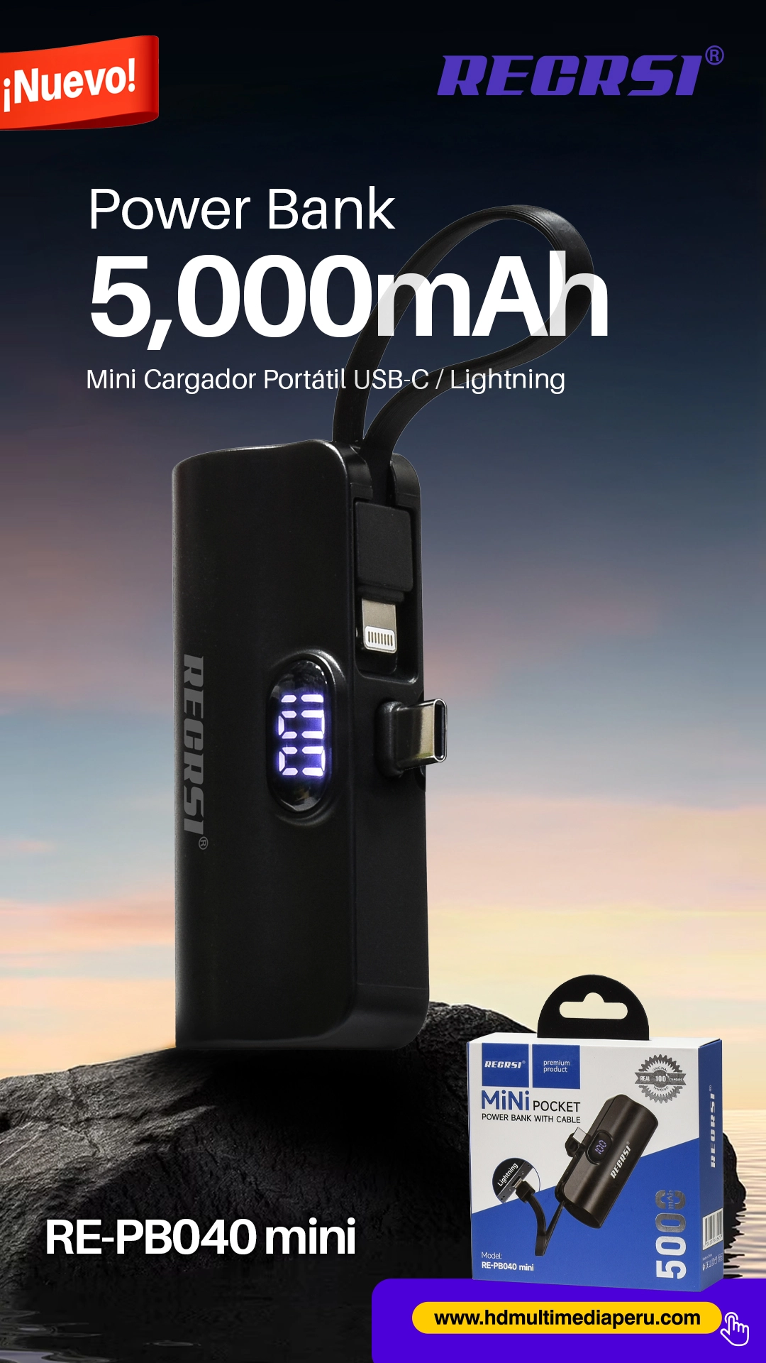 Power Bank de 5000mAh RECRSI RE-PB040-mini: Carga Rápida y Portátil para tu iPhone y Dispositivos USB-C