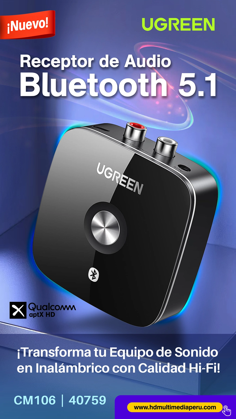 Receptor de Audio Bluetooth Ugreen CM106 (40759): Transforma tu Equipo de Sonido en Inalámbrico con Calidad Hi-Fi