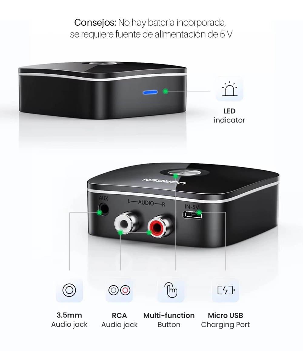 Receptor de Audio Bluetooth Ugreen CM106 (40759): Transforma tu Equipo de Sonido en Inalámbrico con Calidad Hi-Fi