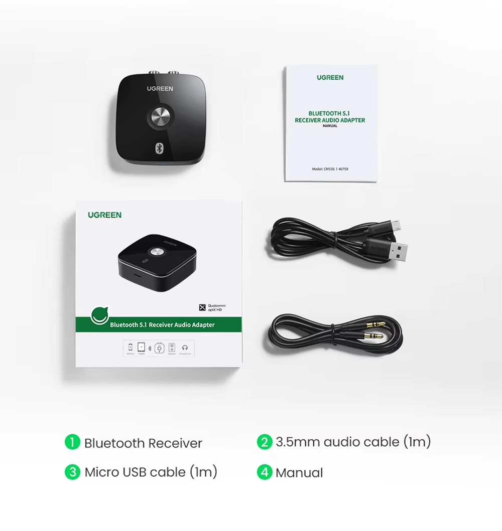 Receptor de Audio Bluetooth Ugreen CM106 (40759): Transforma tu Equipo de Sonido en Inalámbrico con Calidad Hi-Fi, Empaque