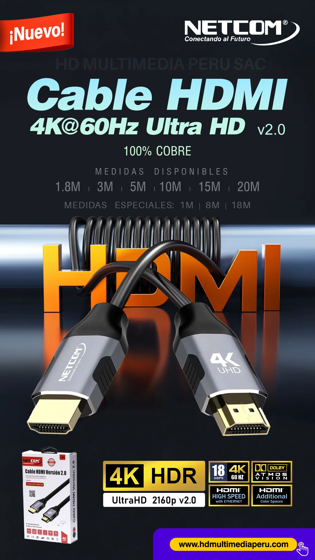Cable HDMI 4K 1.8m 100% Cobre NETCOM PE-HD0102: Imagen Ultra HD y Sonido Superior, HDMI Netcom 4K 1.8MT