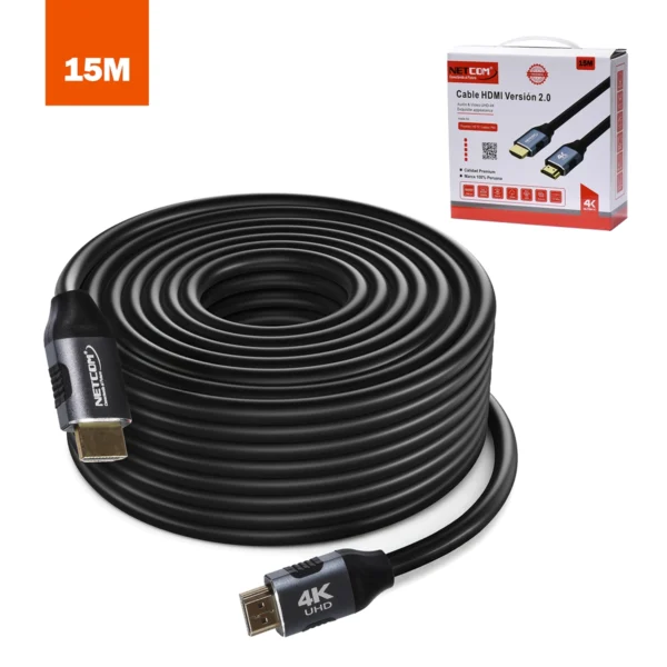Cable HDMI 4K 15 Metros 100% Cobre NETCOM PE-HD0115: Máximo Alcance con Calidad Premium, Cable HDMI NETCOM 15M 4K v2.0