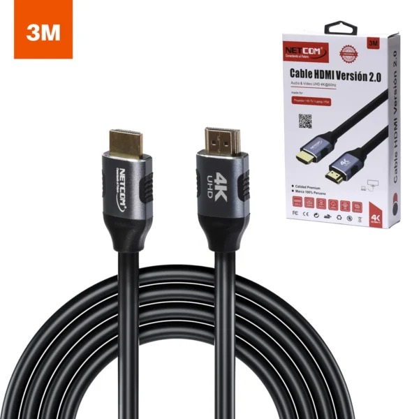 Cable HDMI 4K 3 Metros 100% Cobre NETCOM PE-HD0103: Calidad Ultra HD a Mayor Distancia, HDMI NETCOM 3 Metros