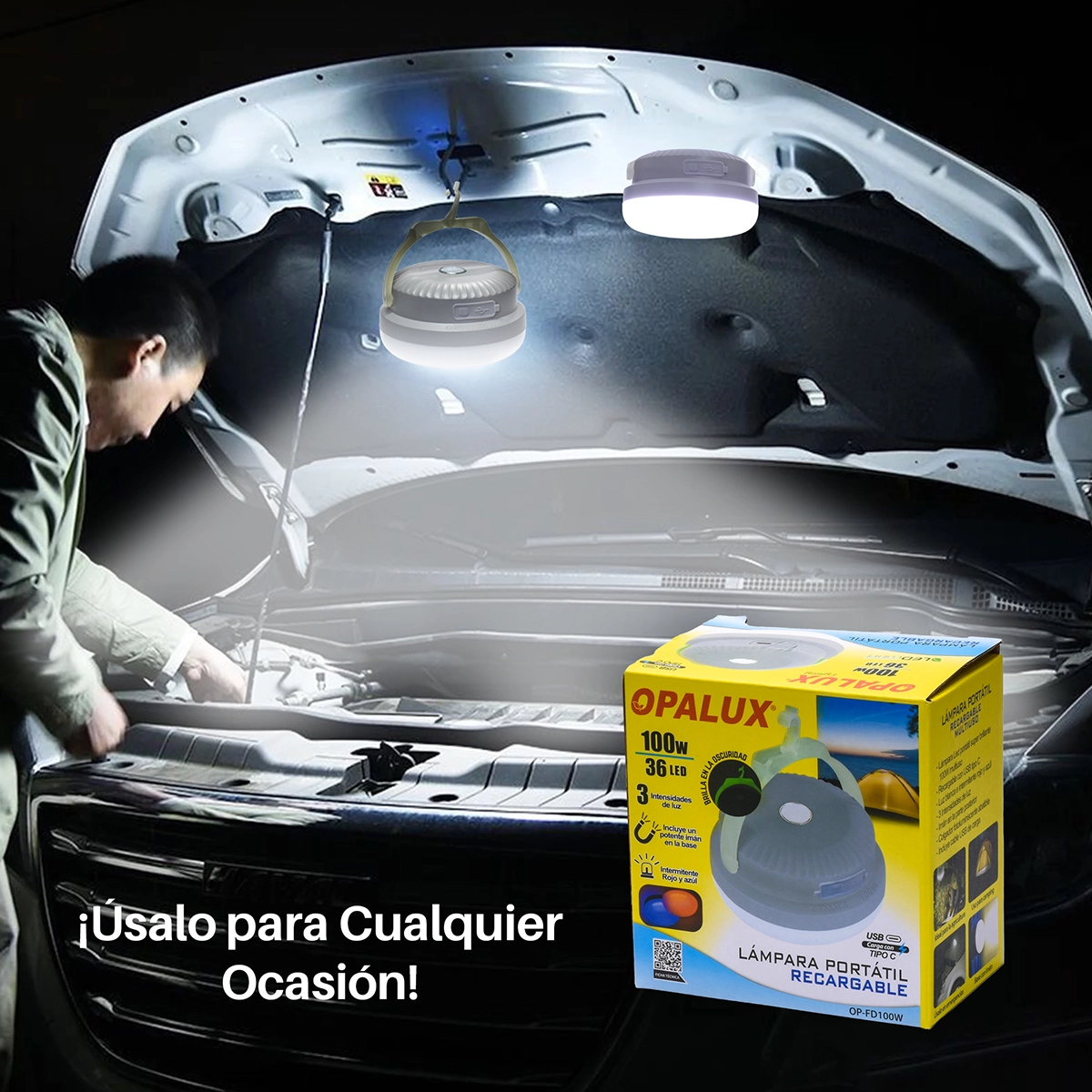 Lámpara Colgante Recargable LED 100W Opalux OP-FD100W: Luz Brillante y Portátil Donde la Necesites