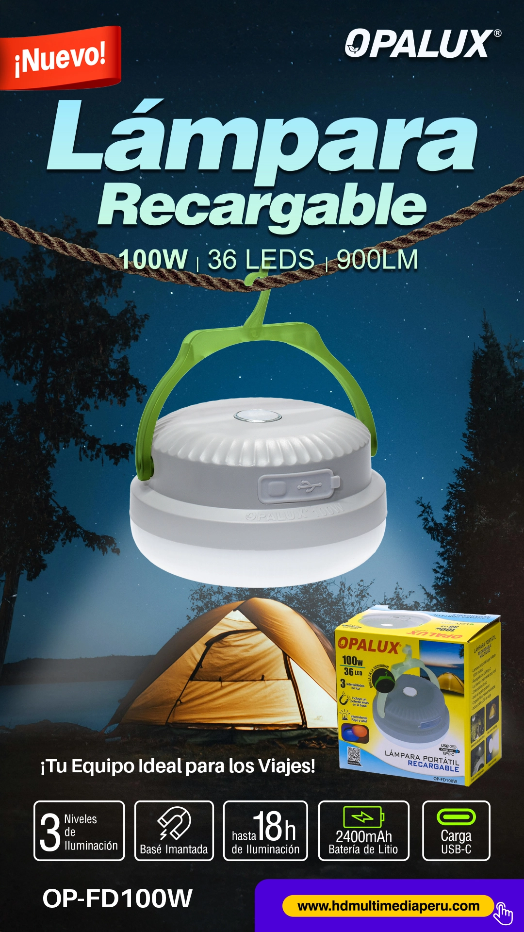 Lámpara Colgante Recargable LED 100W Opalux OP-FD100W: Luz Brillante y Portátil Donde la Necesites