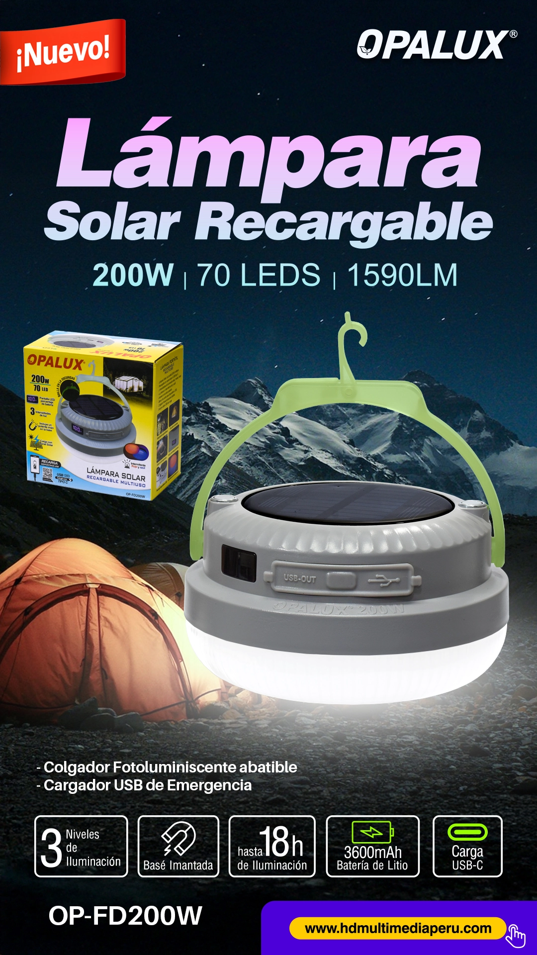 Lámpara Solar LED Recargable 200W Opalux OP-FD200W: Luz Ultra Brillante, Solar, Power Bank y Más