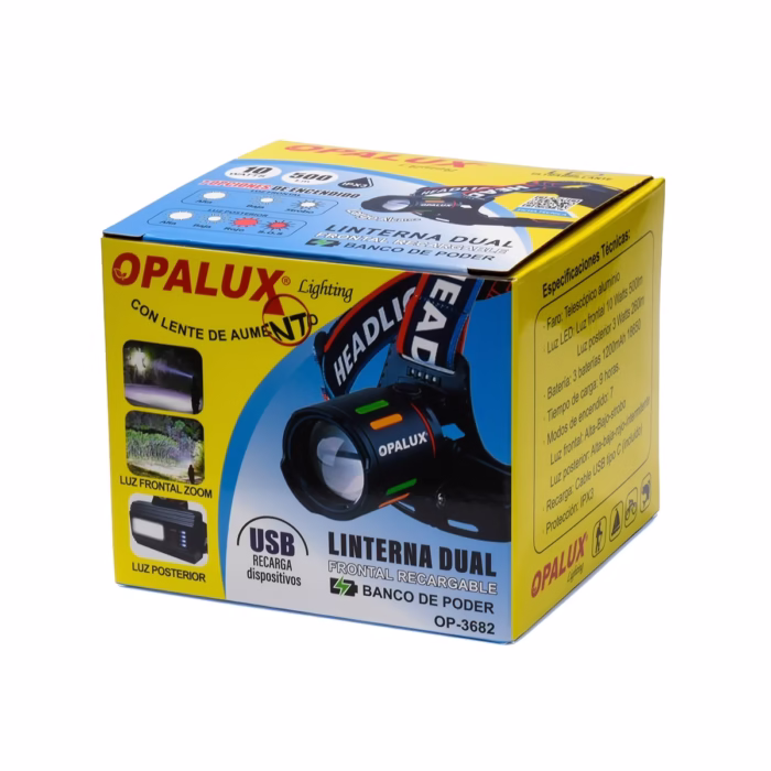 Linterna Frontal Dual Recargable Opalux OP  Iluminación Versátil Potente y Manos Libres