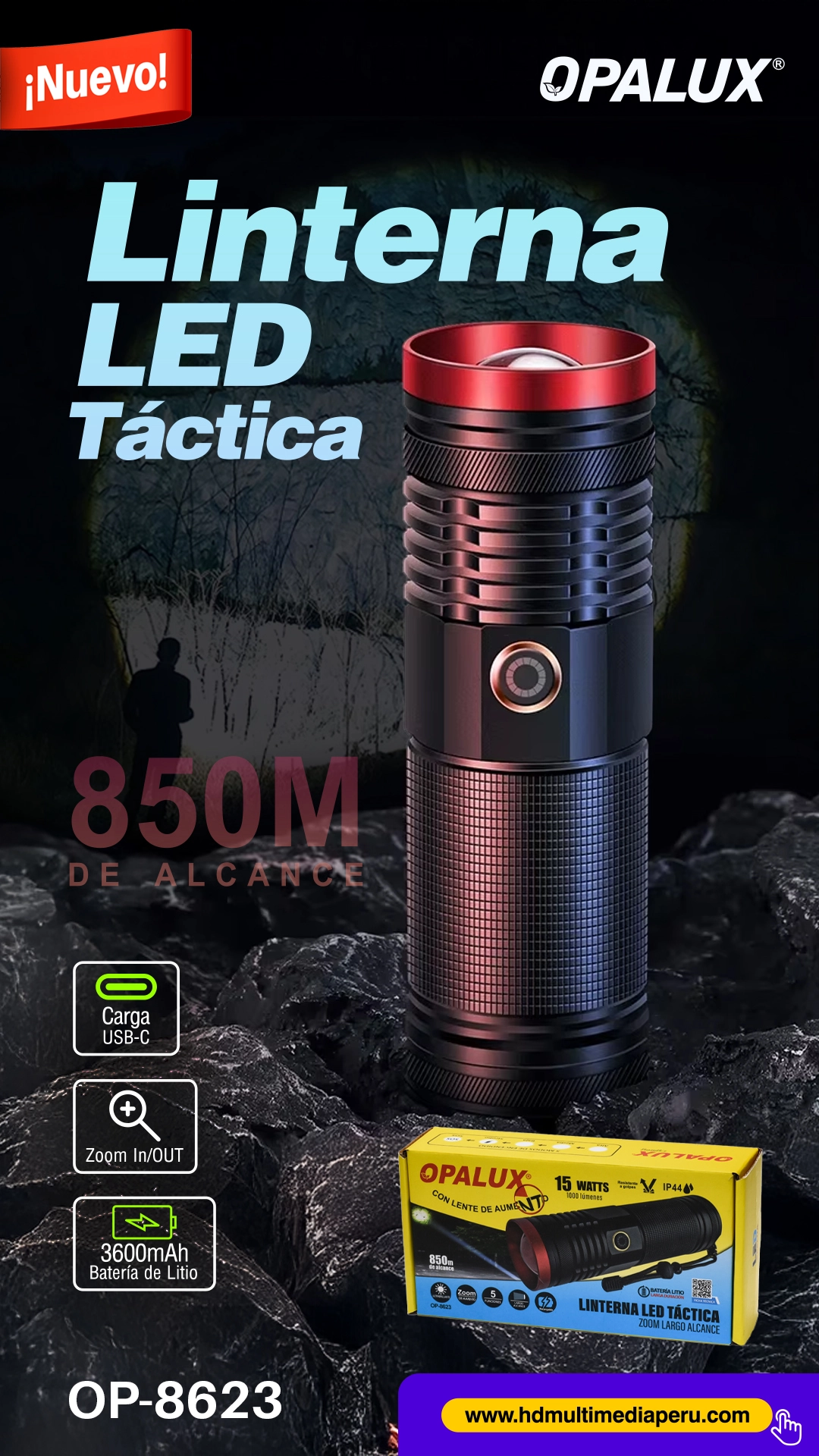 Linterna Táctica LED 15W 1000LM Opalux OP-8623: Alcance Extremo y Potencia Recargable