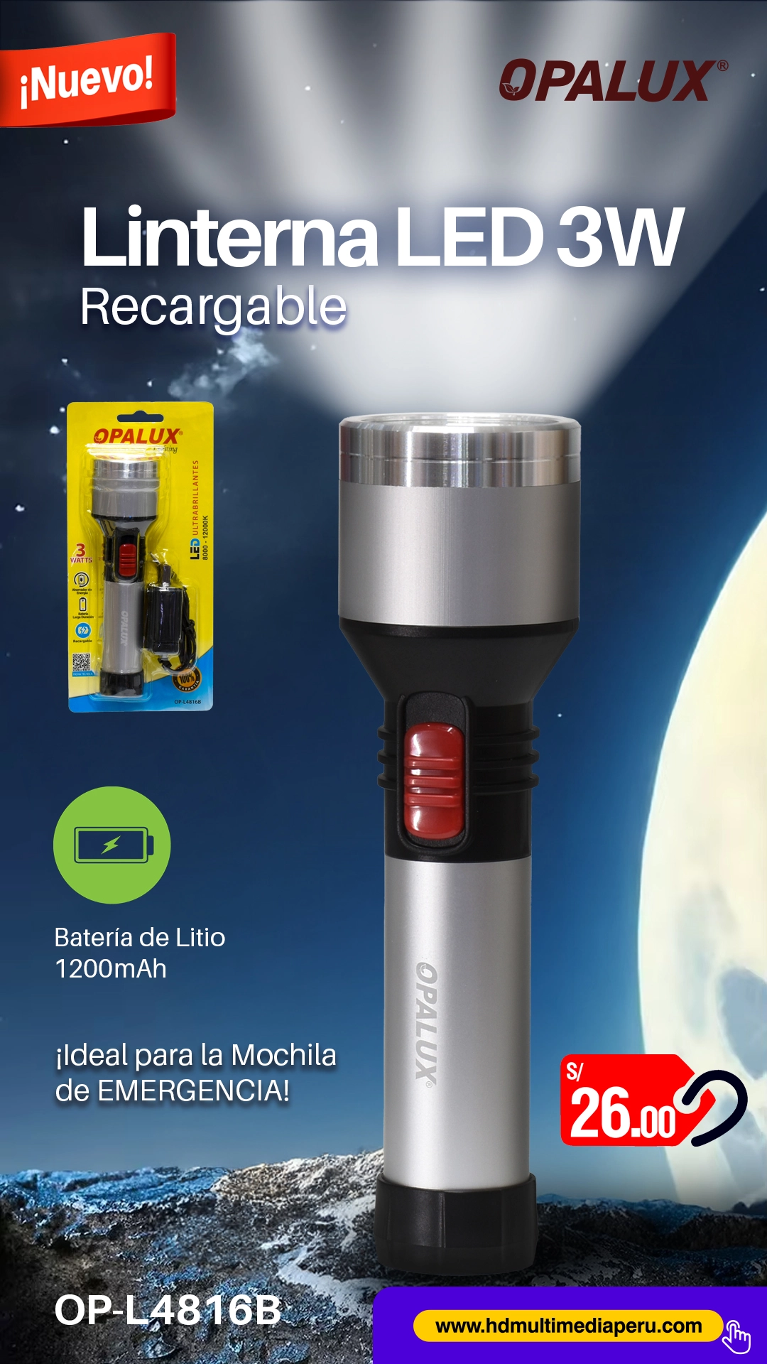 Linterna LED Recargable 3W Opalux OP-L4516B: Iluminación Compacta y Confiable