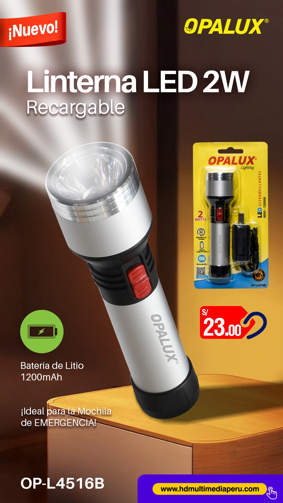 Linterna LED Recargable 2W Opalux OP-L4816B: Iluminación Confiable y Duradera