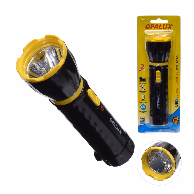 Linterna Recargable de Emergencia Opalux OP  Enchufe Retráctil y Carga Solar