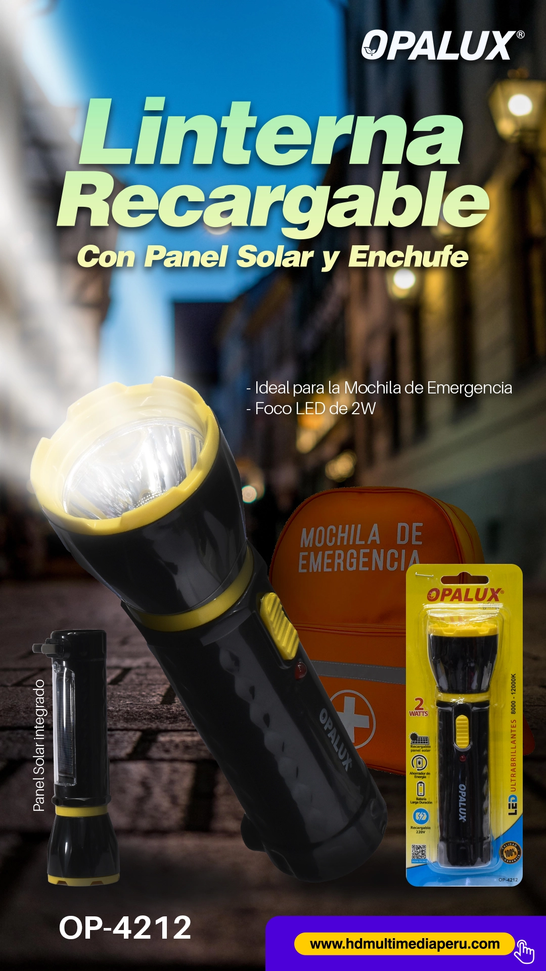 Linterna Recargable de Emergencia Opalux OP-4212: ¡Enchufe Retráctil y Carga Solar!
