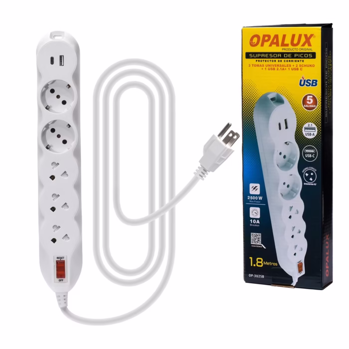Supresor de Picos Opalux OP USB con  Tomas SchukoUniversal y USB CA Protección y Carga Total