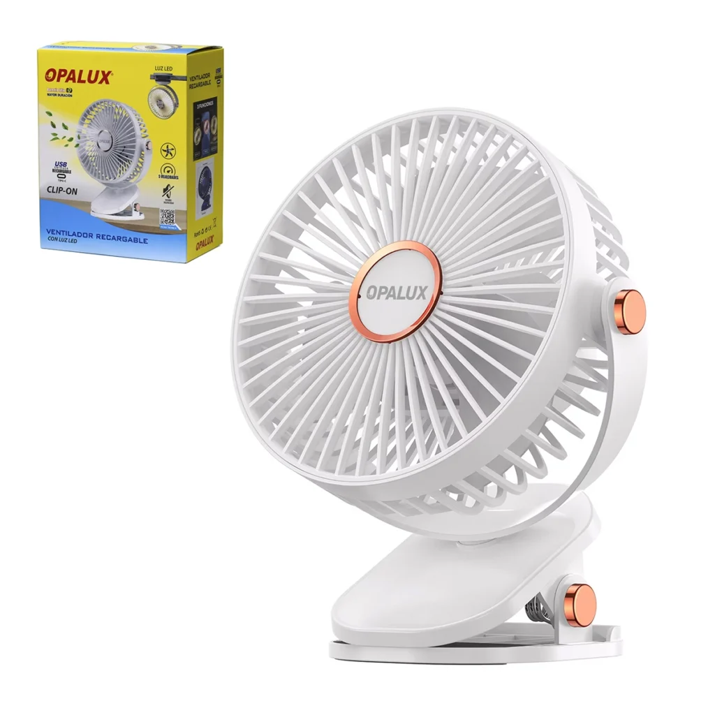 Ventilador Clip-On Recargable con Luz LED Opalux OP-CF60-BL: Frescura Personal Donde Quieras