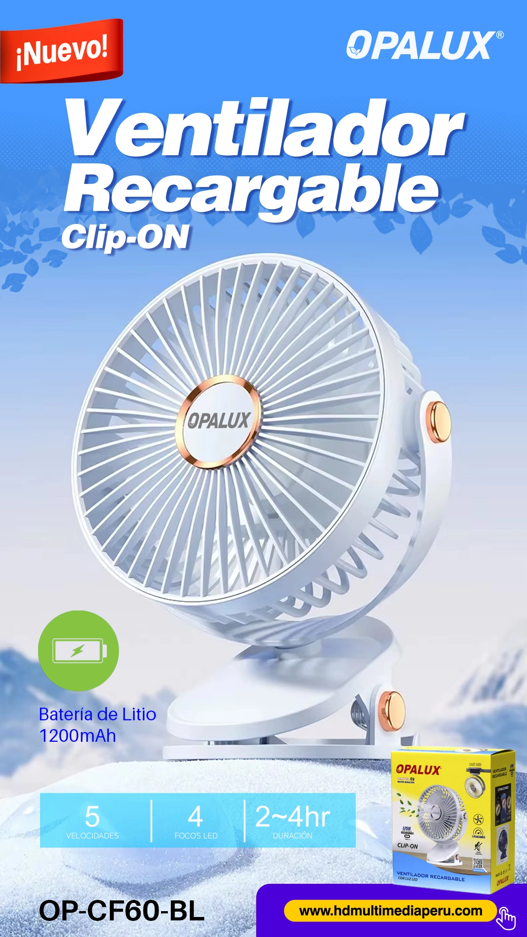 Ventilador Clip-On Recargable con Luz LED Opalux OP-CF60-BL: Frescura Personal Donde Quieras